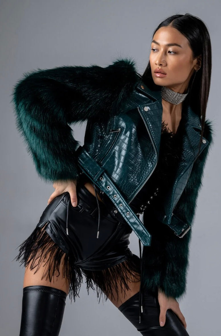 AZALEA WANG Nolla Faux Fur Arms Croc Moto Jacket Jade Green Vegan Leather Medium
