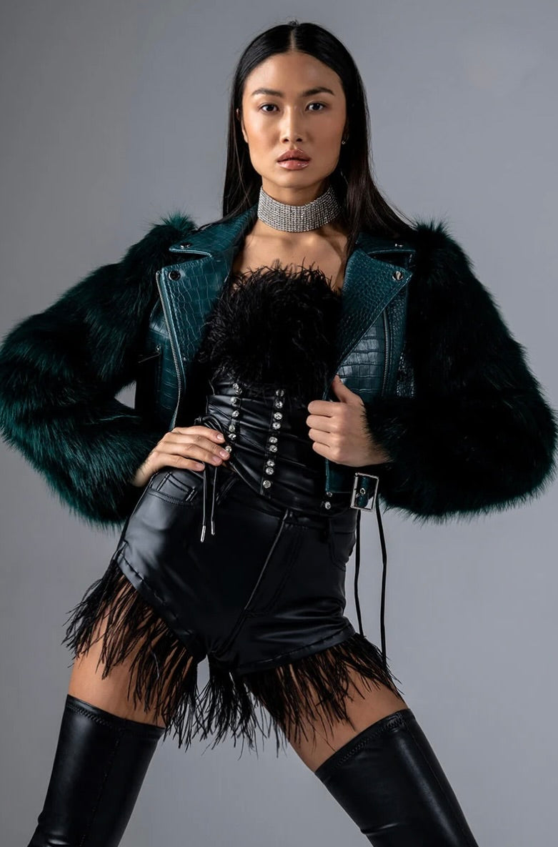 AZALEA WANG Nolla Faux Fur Arms Croc Moto Jacket Jade Green Vegan Leather Medium