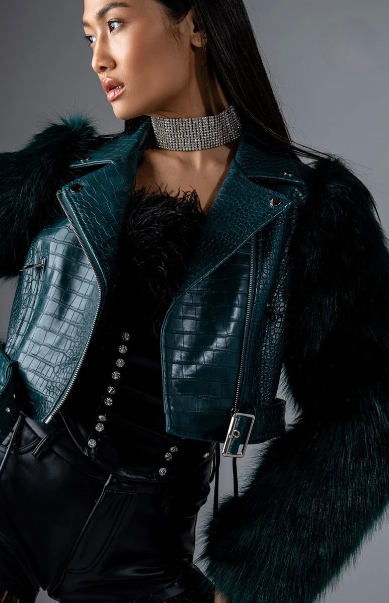AZALEA WANG Nolla Faux Fur Arms Croc Moto Jacket Jade Green Vegan Leather Medium