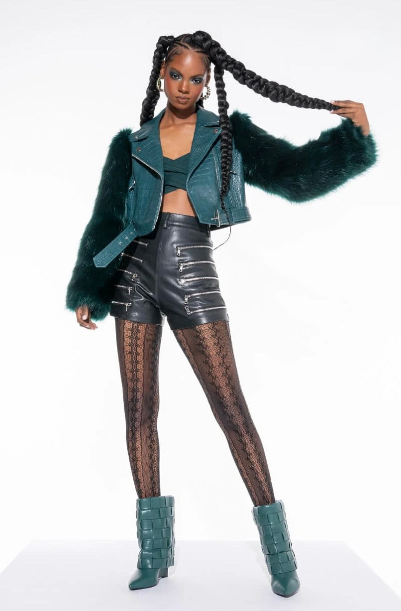 AZALEA WANG Nolla Faux Fur Arms Croc Moto Jacket Jade Green Vegan Leather Medium