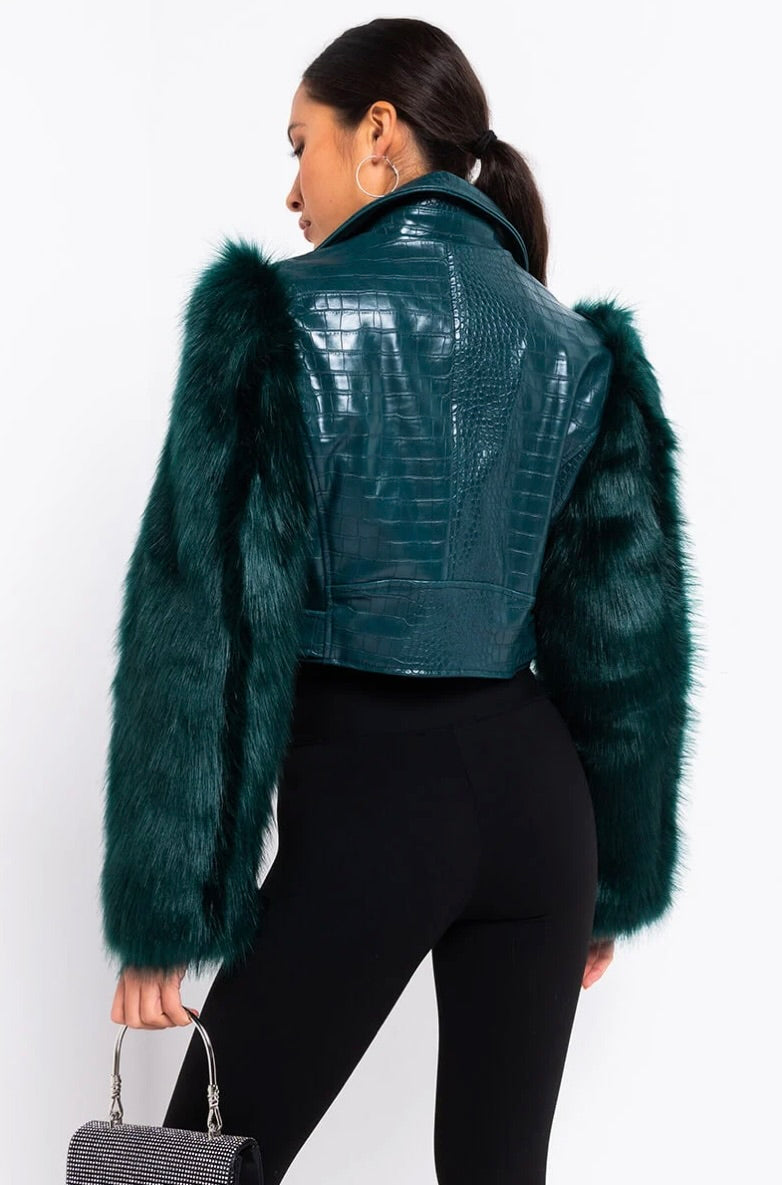 AZALEA WANG Nolla Faux Fur Arms Croc Moto Jacket Jade Green Vegan Leather Medium
