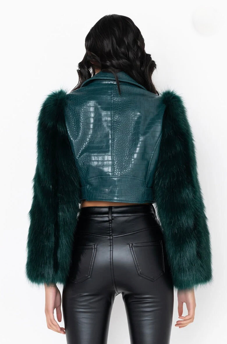 AZALEA WANG Nolla Faux Fur Arms Croc Moto Jacket Jade Green Vegan Leather Medium