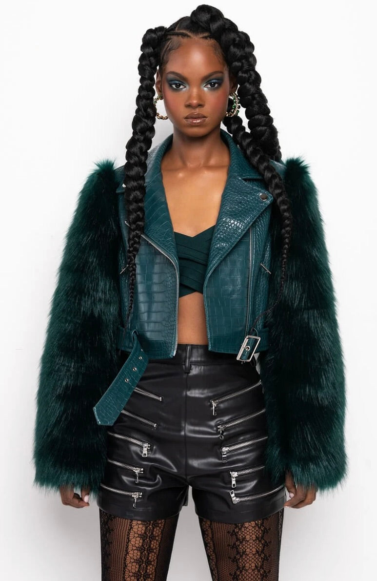 AZALEA WANG Nolla Faux Fur Arms Croc Moto Jacket Jade Green Vegan Leather Medium