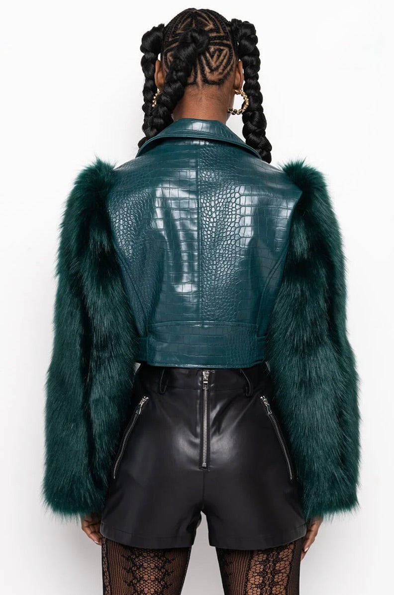 AZALEA WANG Nolla Faux Fur Arms Croc Moto Jacket Jade Green Vegan Leather Medium