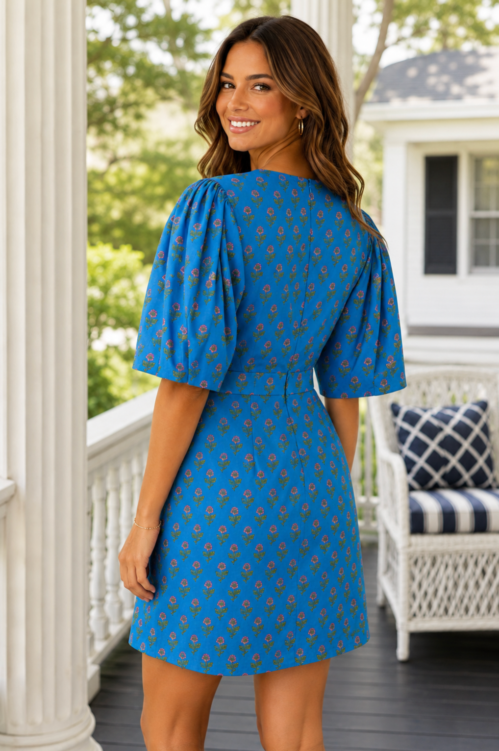 AUREUM Ruched Sash Blue Floral Mini Dress Puff Sleeves Ruching Ruffle Small