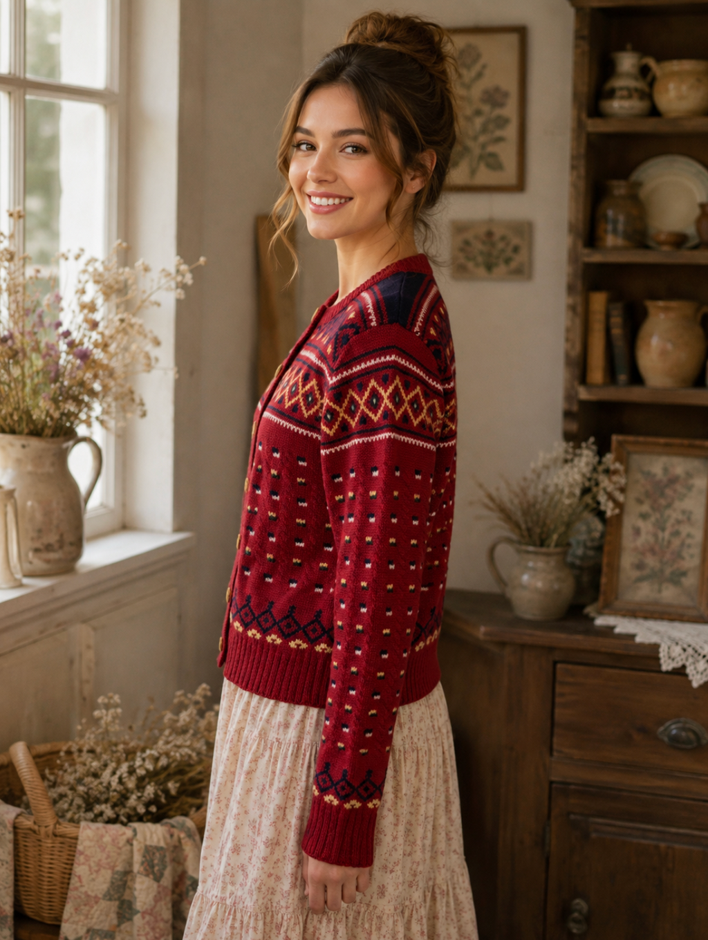 Vintage THE LIMITED America Fair Isle Wool Cardigan Cropped Sweater Knit Large