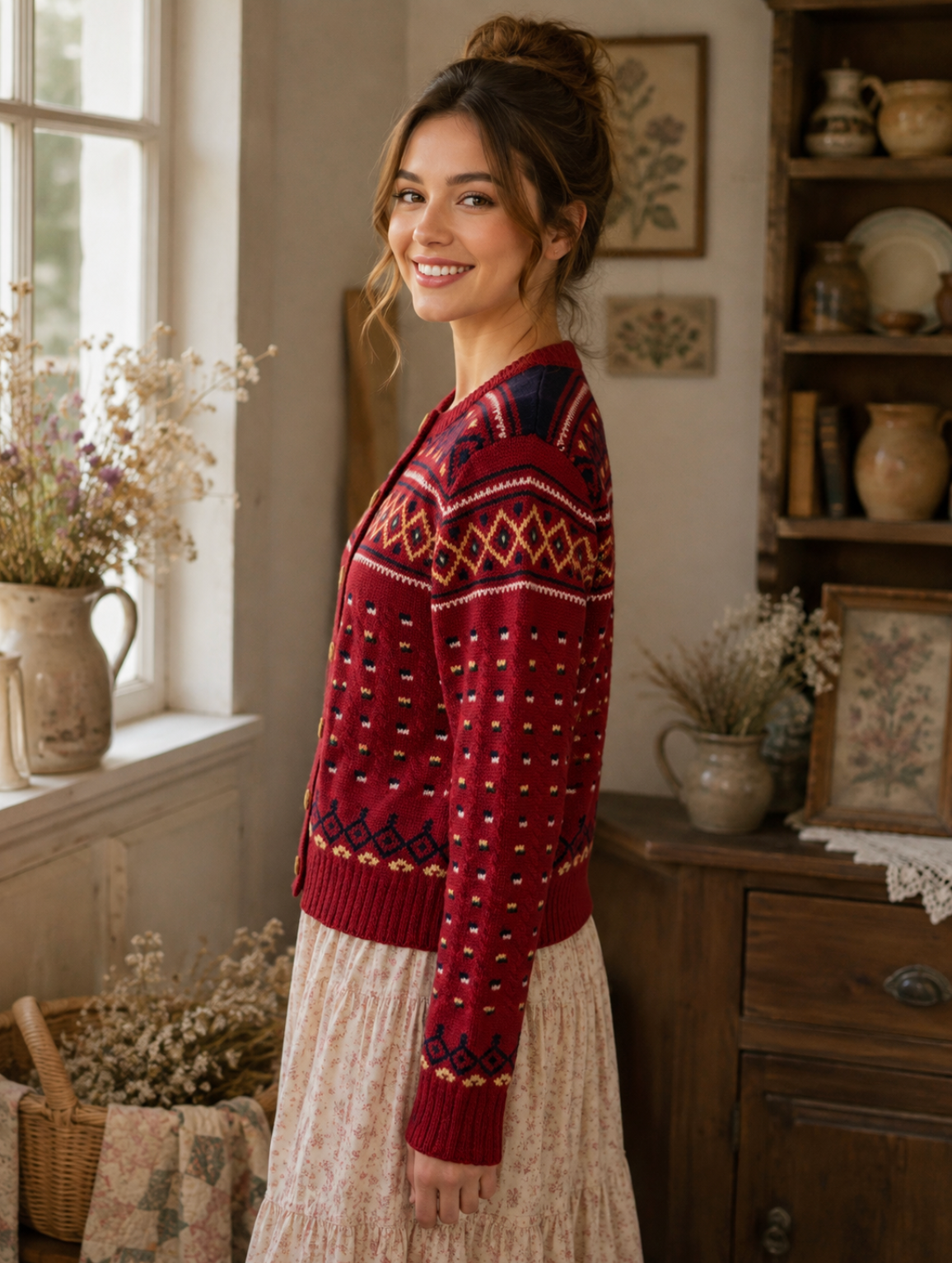 Vintage THE LIMITED America Fair Isle Wool Cardigan Cropped Sweater Knit Large