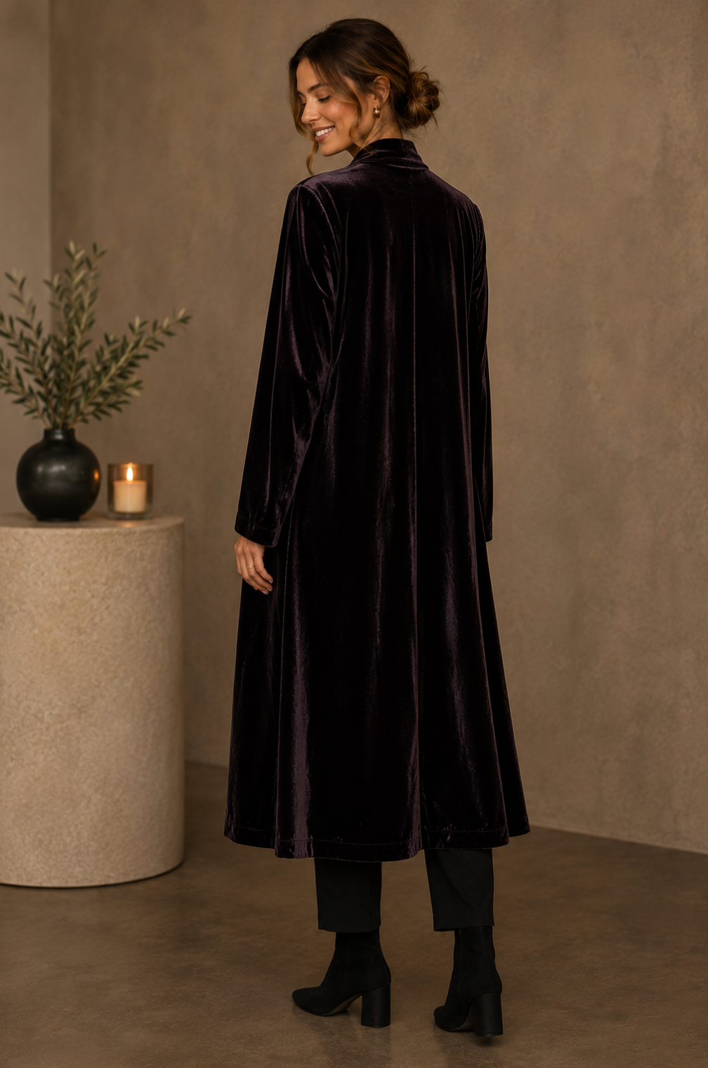 EILEEN FISHER Dark Purple Velvet Open Front Long Jacket Duster Cardigan Medium