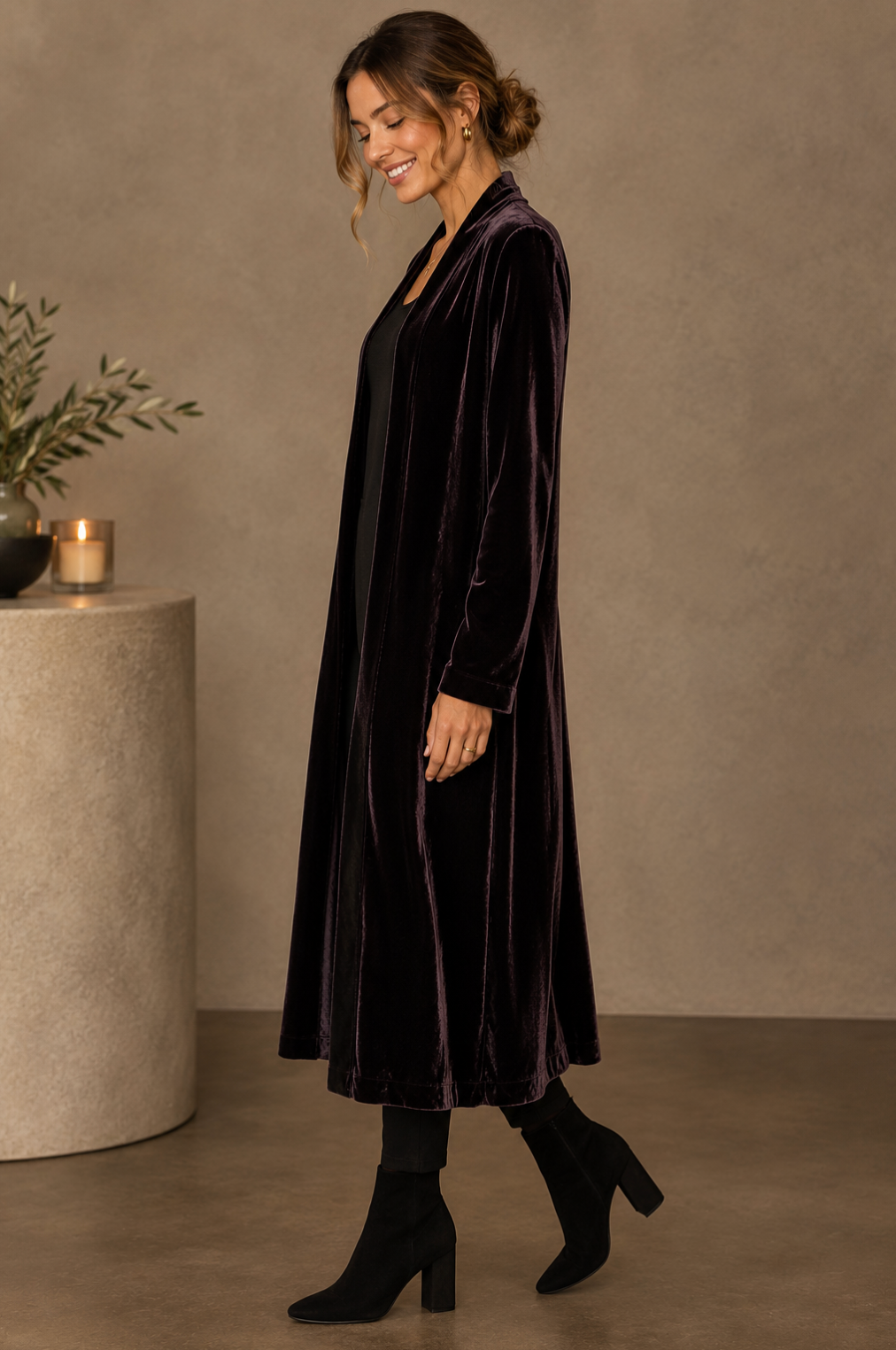 EILEEN FISHER Dark Purple Velvet Open Front Long Jacket Duster Cardigan Medium