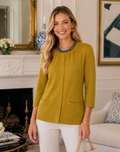 BODEN Jewelled Cardigan Sweater Wool Cashmere Knitwear 3/4 Sleeves Mustard 12