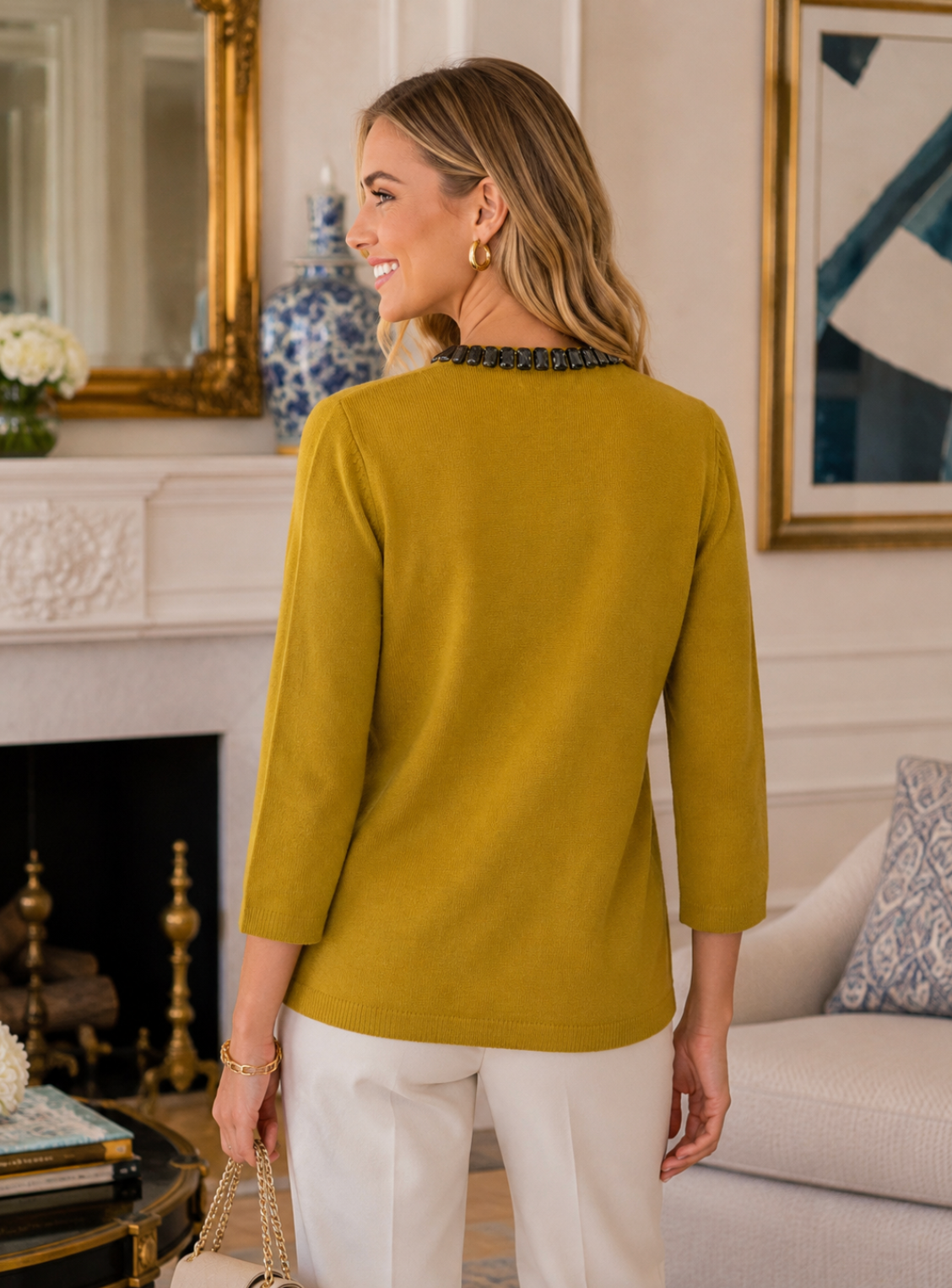 BODEN Jewelled Cardigan Sweater Wool Cashmere Knitwear 3/4 Sleeves Mustard 12