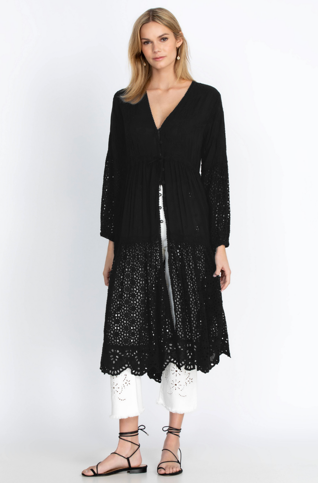 NWT!! JOHNNY WAS Jupiter Mosaic Kimono Black Embroidered Eyelet Duster Small