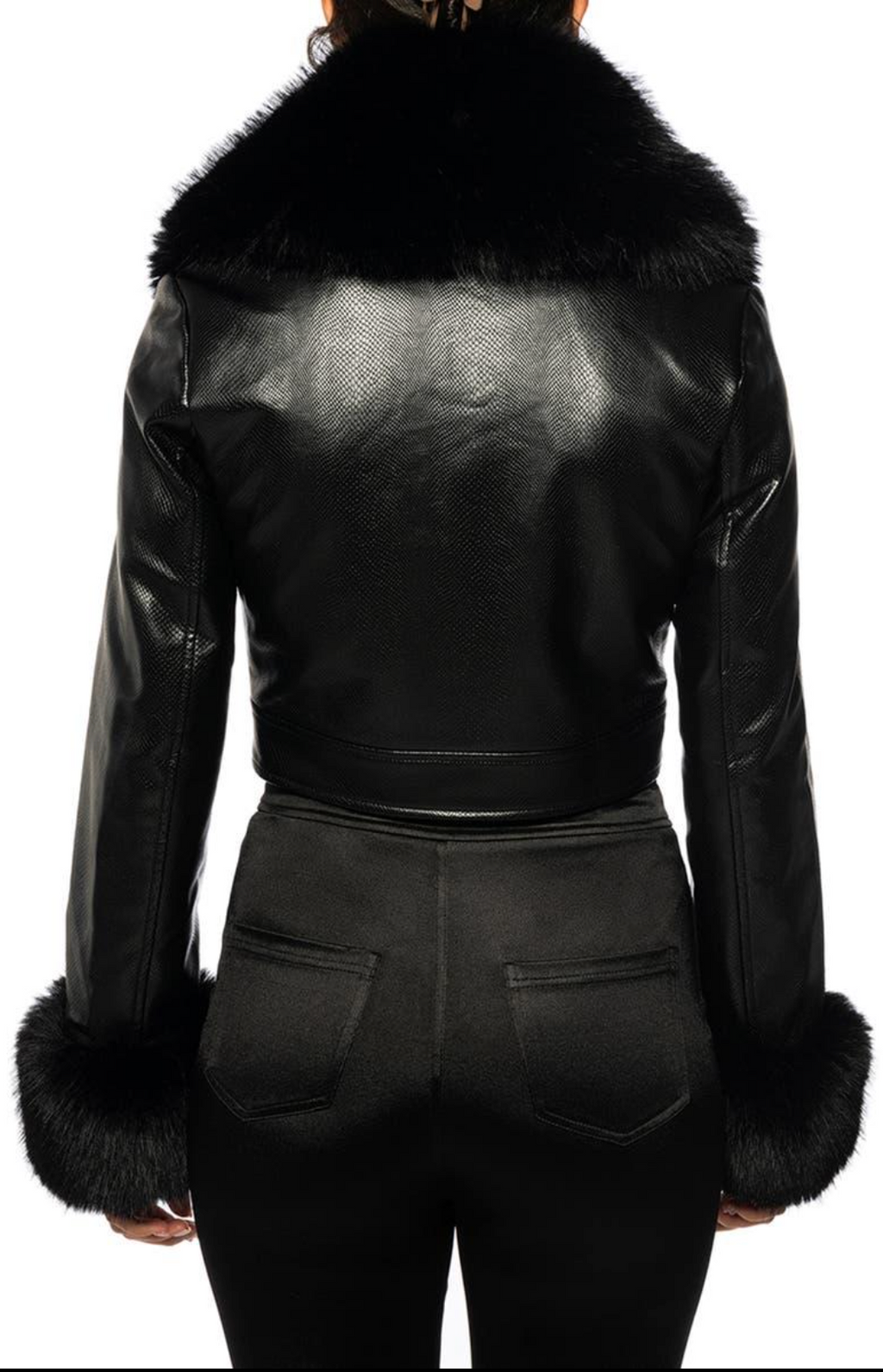 AZALEA WANG Gisele Faux Fur Trim Faux Leather Crop Jacket Black Cropped Medium