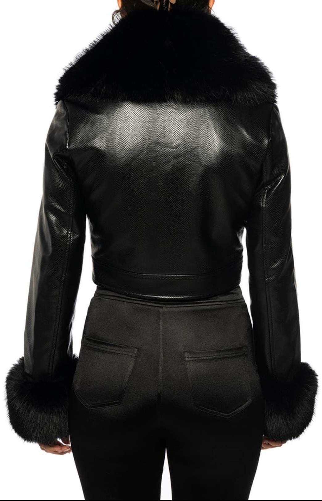 AZALEA WANG Gisele Faux Fur Trim Faux Leather Crop Jacket Black Cropped Medium