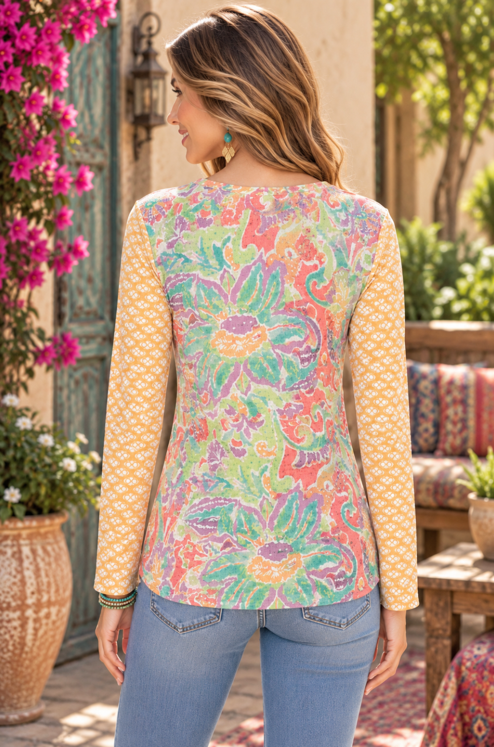 Sundance WHIMSY ROSE Floral Mixed Print Thermal Top Shirt Small Made in USA