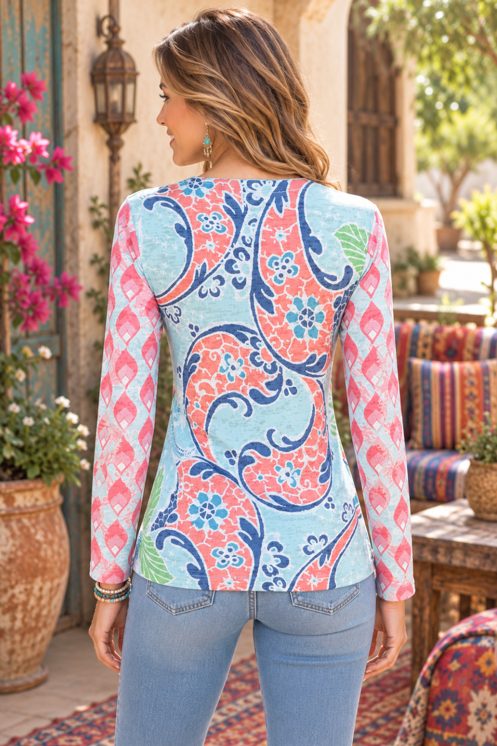 Sundance WHIMSY ROSE Aqua Coral Paisley Floral Baby Waffle Thermal Top Small USA