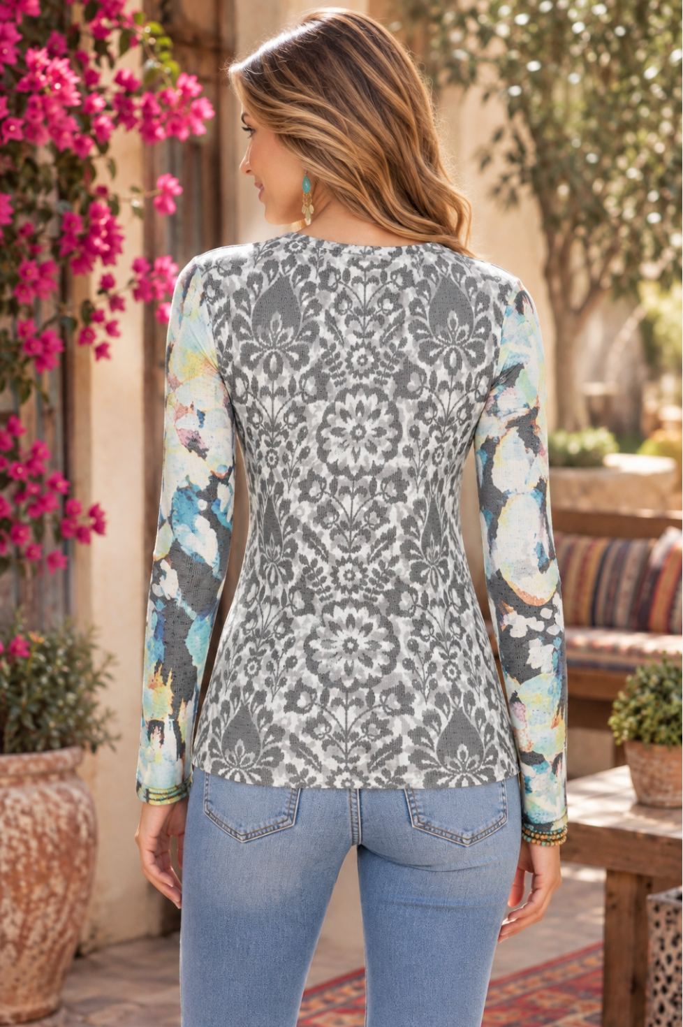 Sundance WHIMSY ROSE Gray Floral Mixed Print Thermal Top Small Made in USA