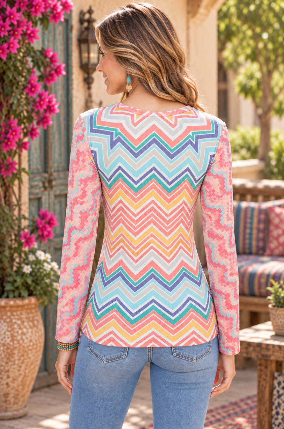 Sundance WHIMSY ROSE Aqua Pink Mixed Print Chevron Thermal Top Small Made in USA