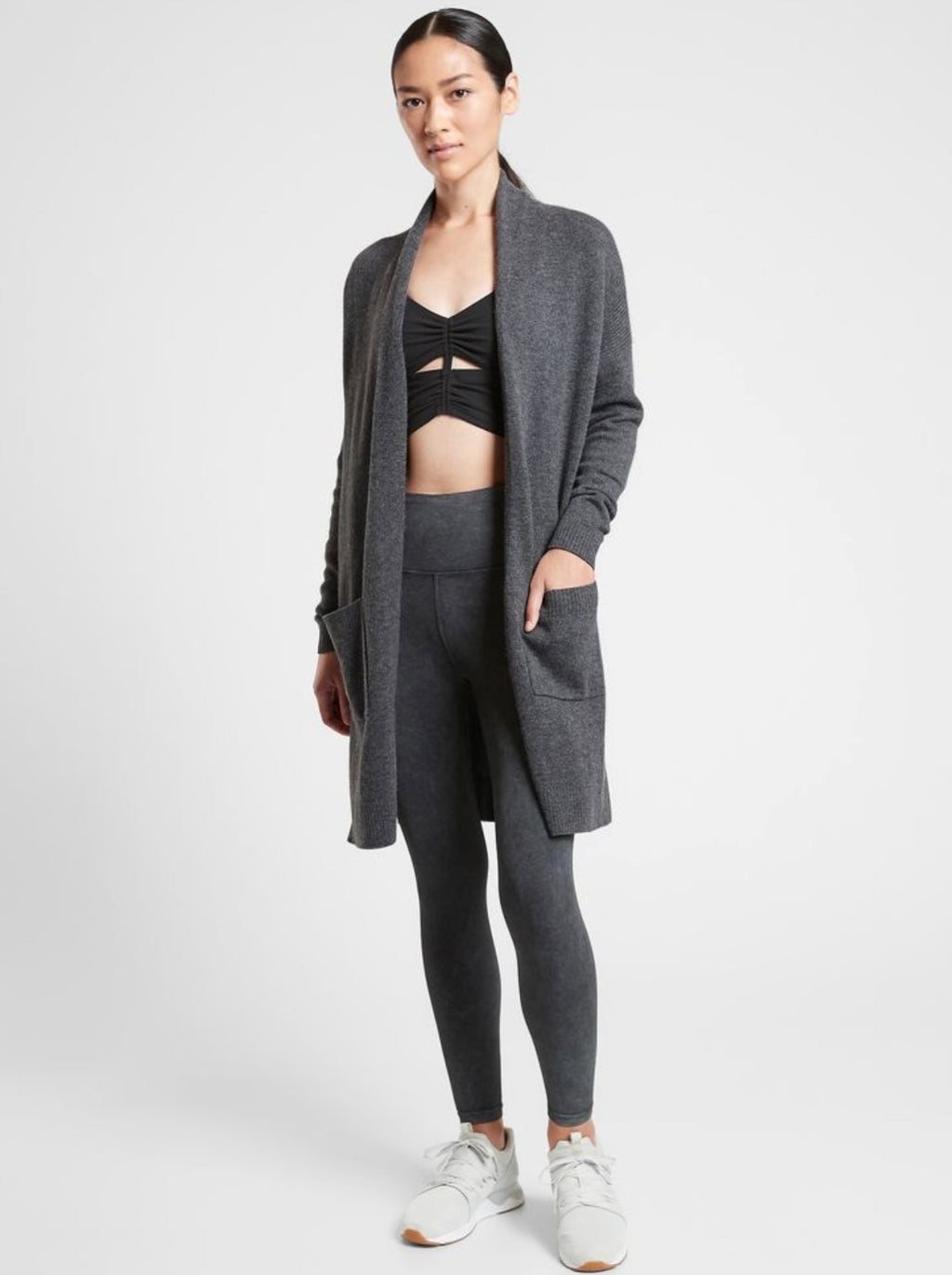 ATHLETA Spirit Wool Cashmere Wrap Cardigan Gray Longline Duster Pockets Small