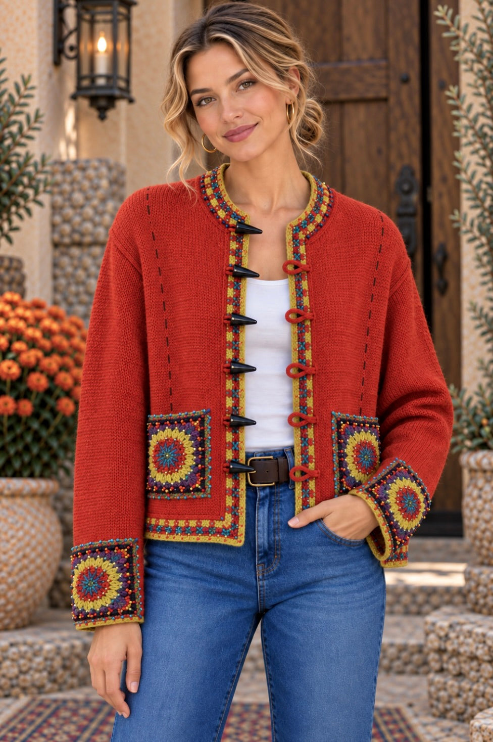 ICELANDIC DESIGN Vintage Alpaca Wool Crochet Jacket Orange 2006 Lined Large