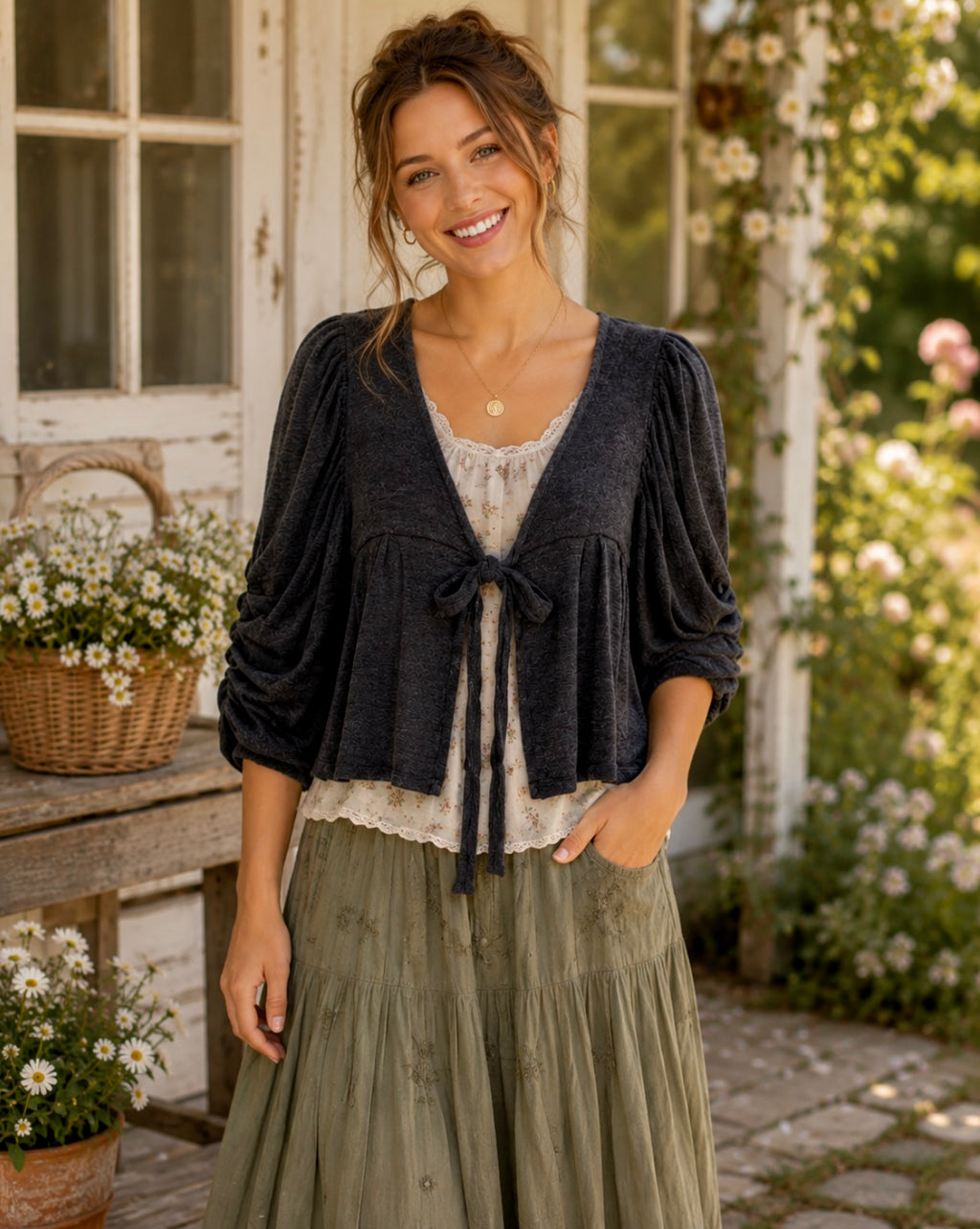 Anthropologie CARTONNIER Tie-Front Puff Sleeve Cropped Cardigan Sweater Medium