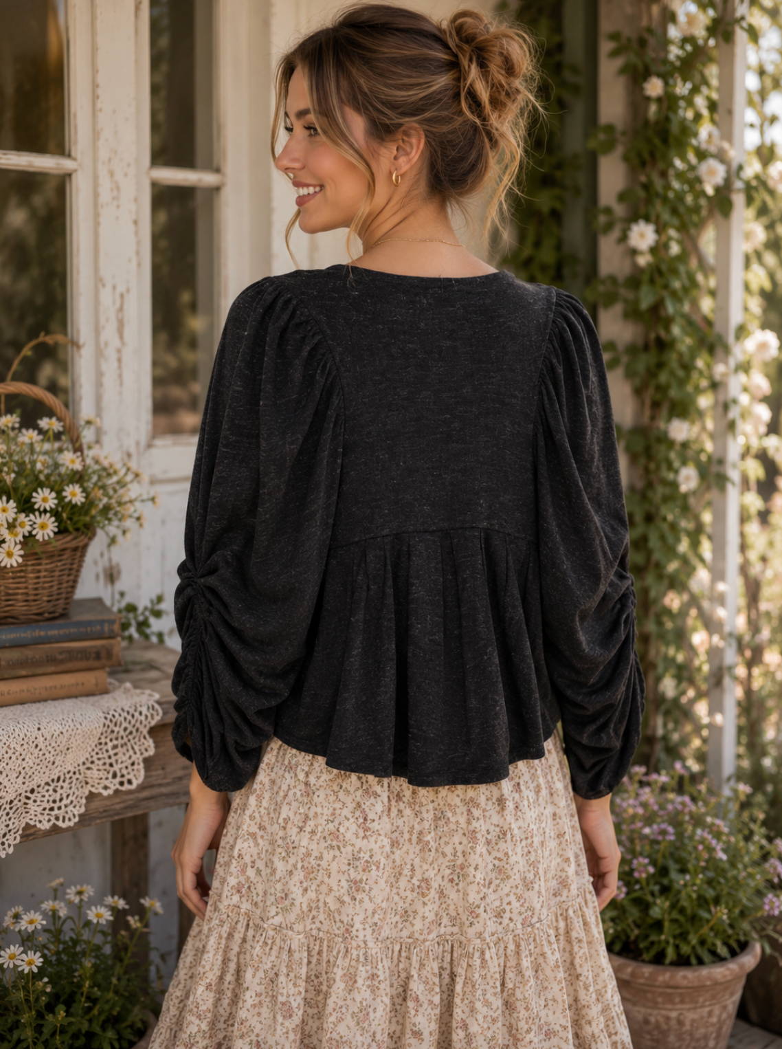 Anthropologie CARTONNIER Tie-Front Puff Sleeve Cropped Cardigan Sweater Medium