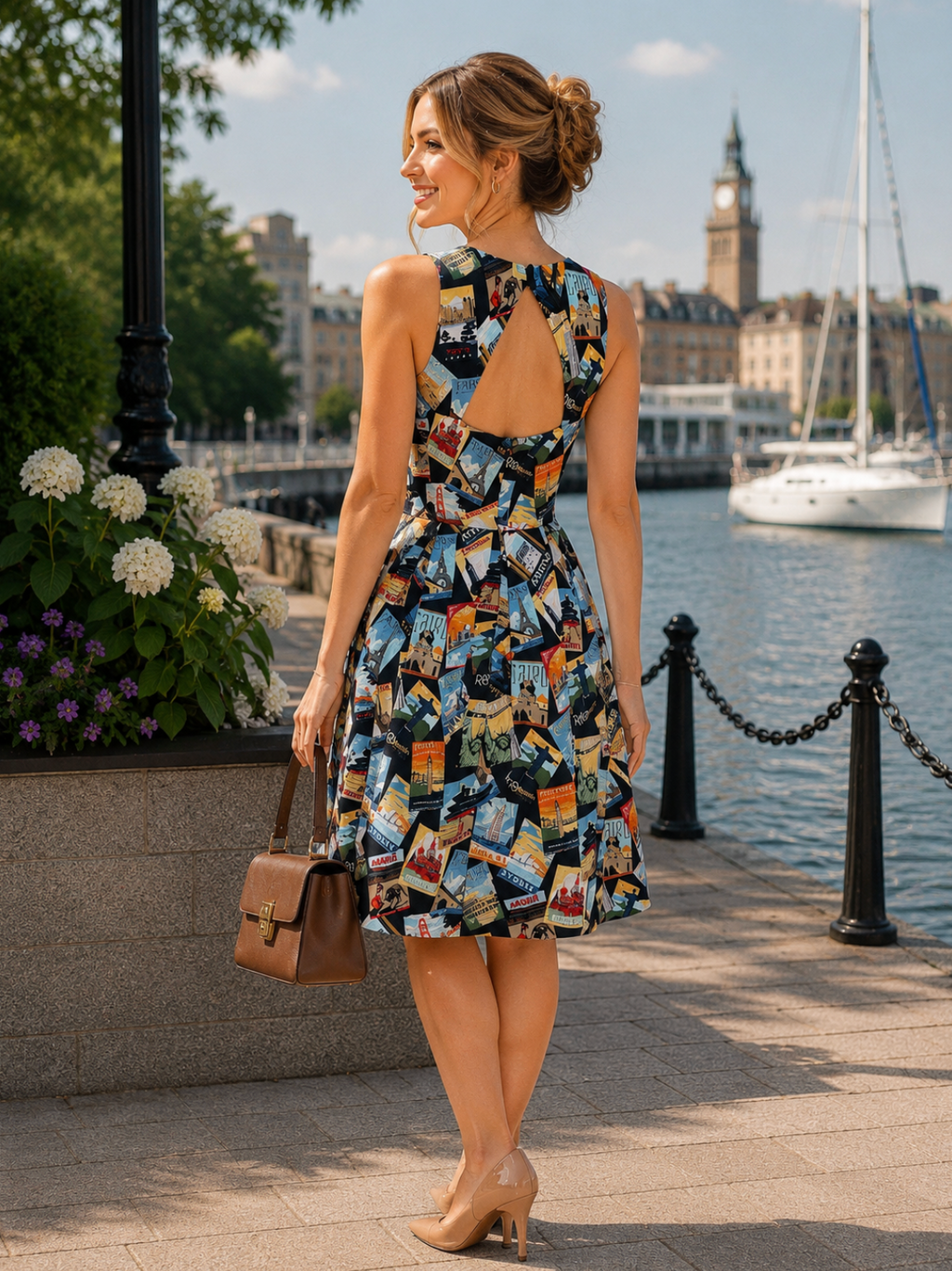 EVA FRANCO Travel Poster Jenna Dress Midi Halter Neck Colorful Pleated Pockets 6