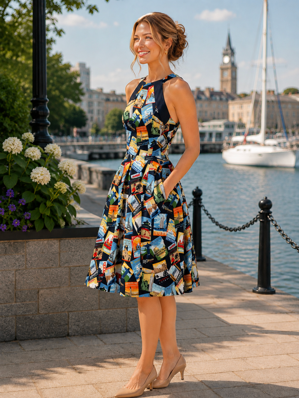 EVA FRANCO Travel Poster Jenna Dress Midi Halter Neck Colorful Pleated Pockets 6