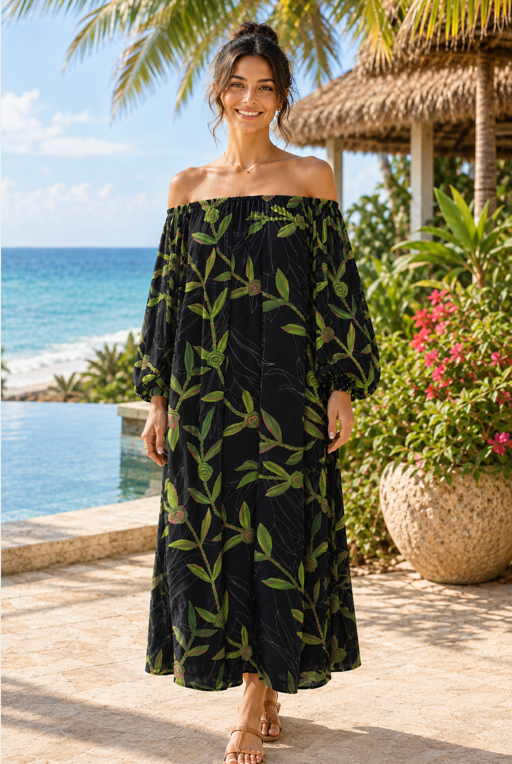 NWT LEXBREEZY HAWAII Ti Leaf Off Shoulder Maxi Dress lack Botanical Bamboo Large