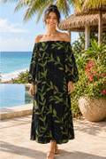 NWT LEXBREEZY HAWAII Ti Leaf Off Shoulder Maxi Dress lack Botanical Bamboo Large