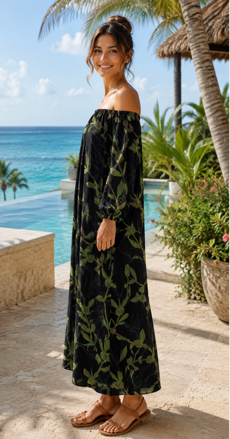 NWT LEXBREEZY HAWAII Ti Leaf Off Shoulder Maxi Dress lack Botanical Bamboo Large