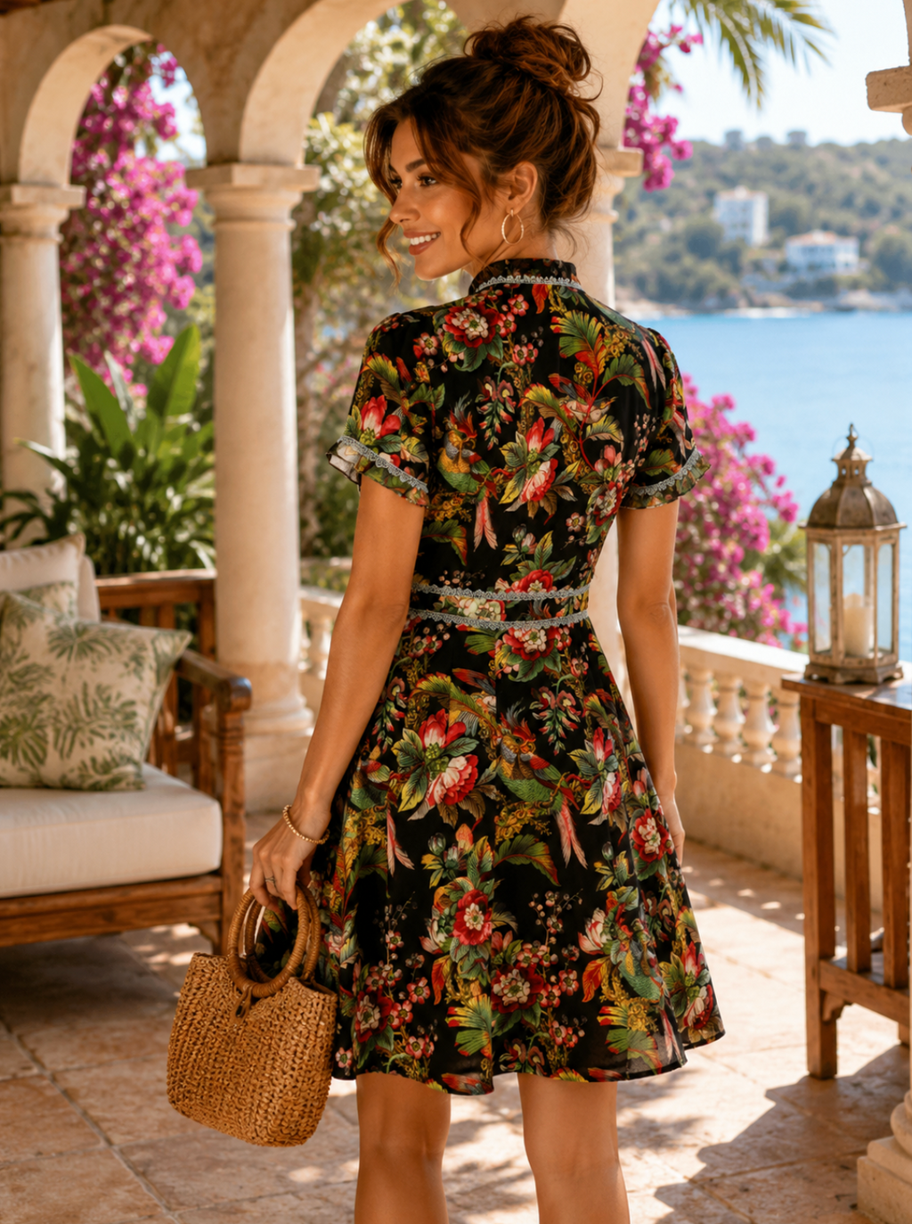 DALIA MACPHEE Floral Lace Trim Mini Dress Tie Neck Tropical Floral Size Small