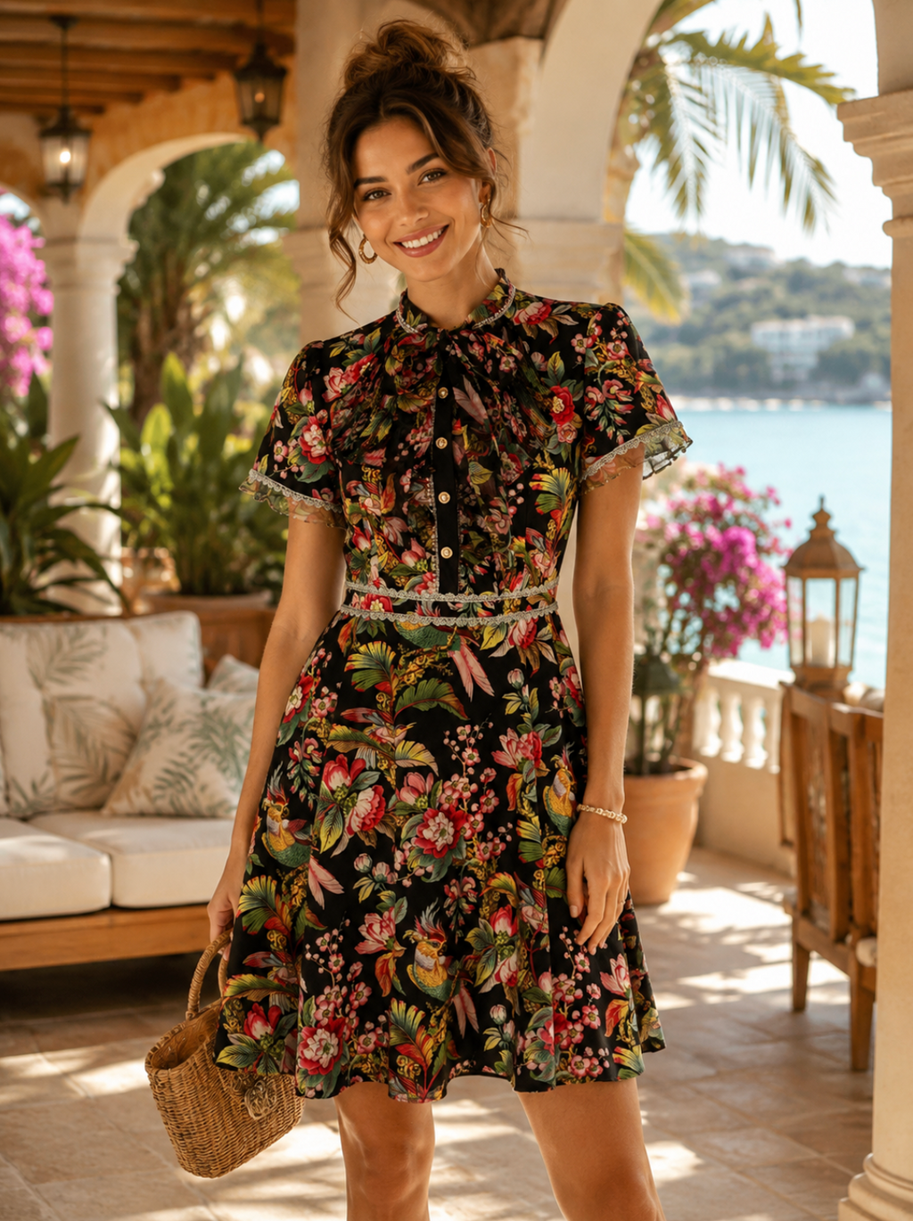 DALIA MACPHEE Floral Lace Trim Mini Dress Tie Neck Tropical Floral Size Small