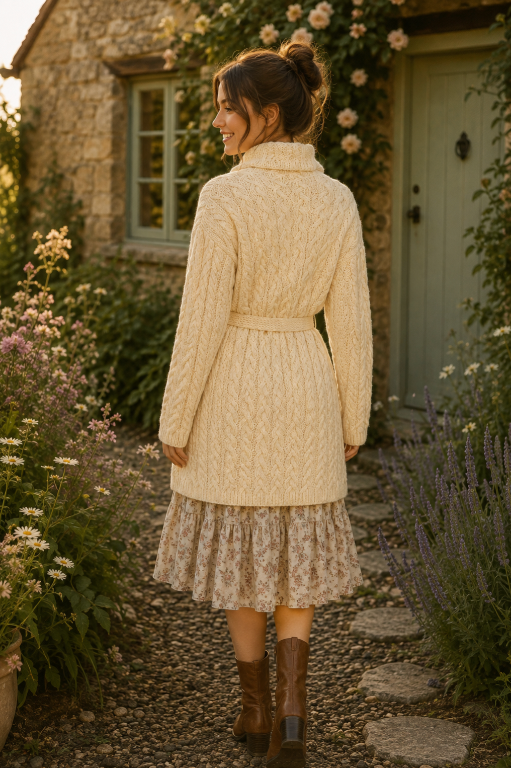CARRAIG DONN CarraigDonn Irish Wool Cable Knit Long Cardigan Belted Cream Medium