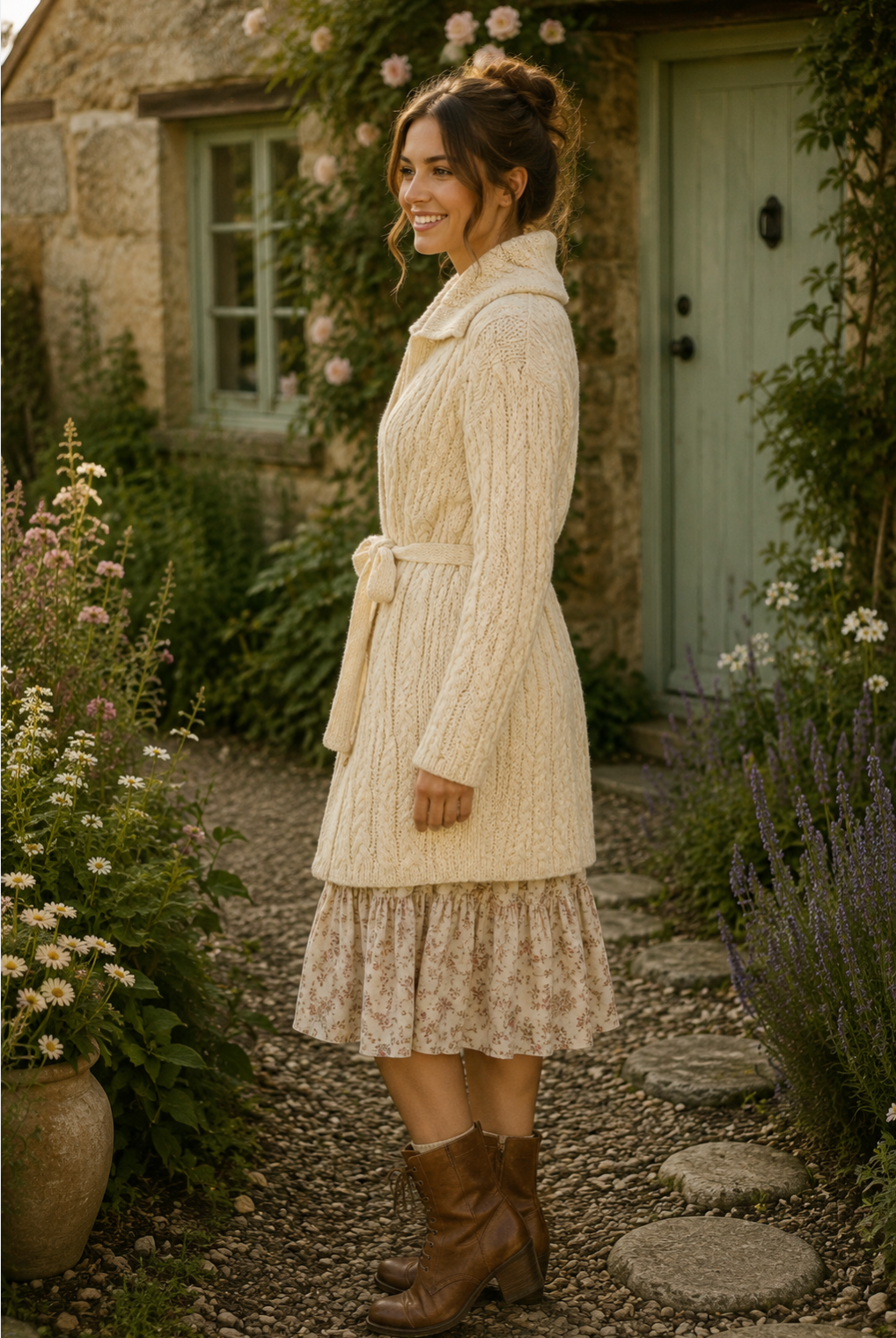 CARRAIG DONN CarraigDonn Irish Wool Cable Knit Long Cardigan Belted Cream Medium