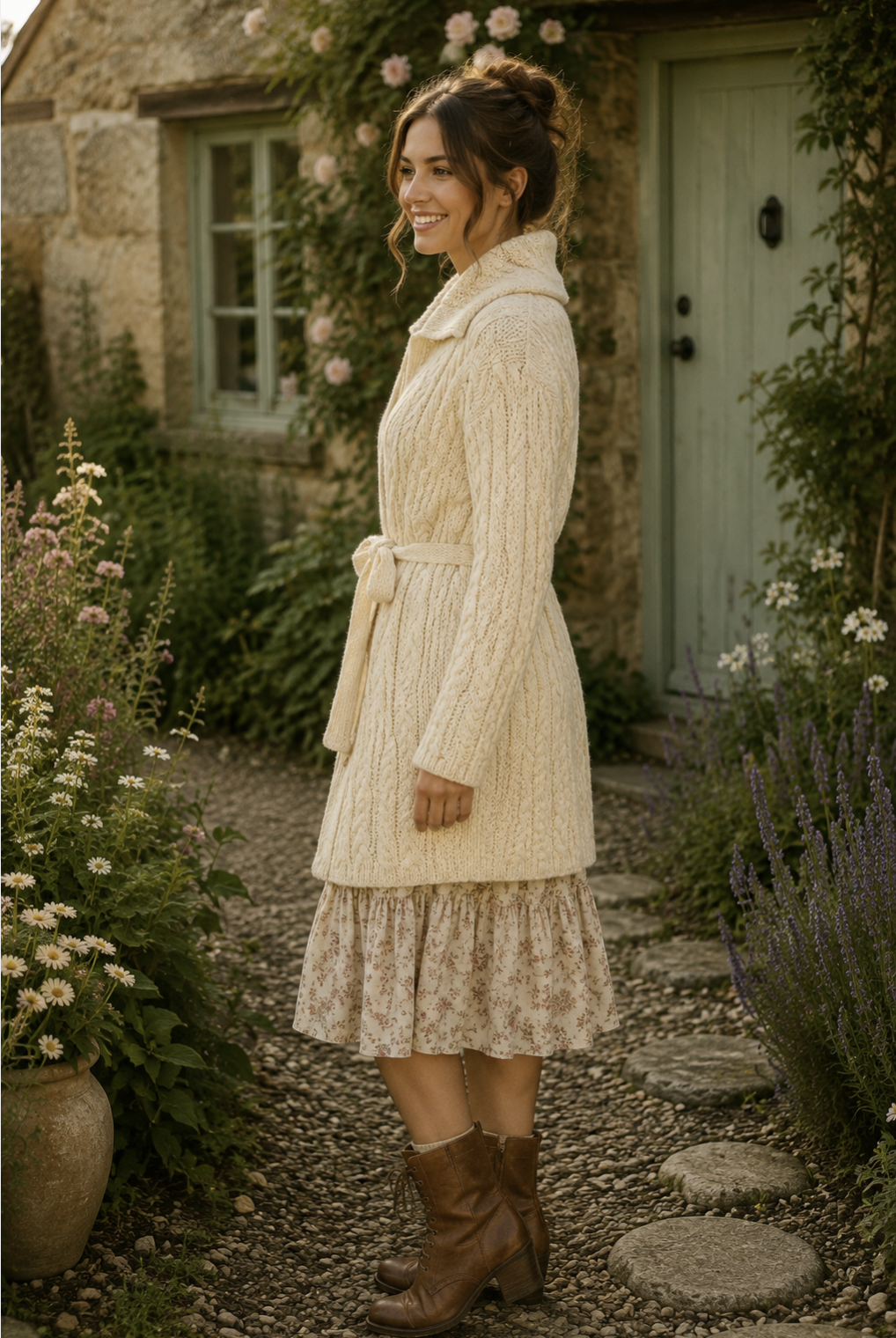 CARRAIG DONN CarraigDonn Irish Wool Cable Knit Long Cardigan Belted Cream Medium