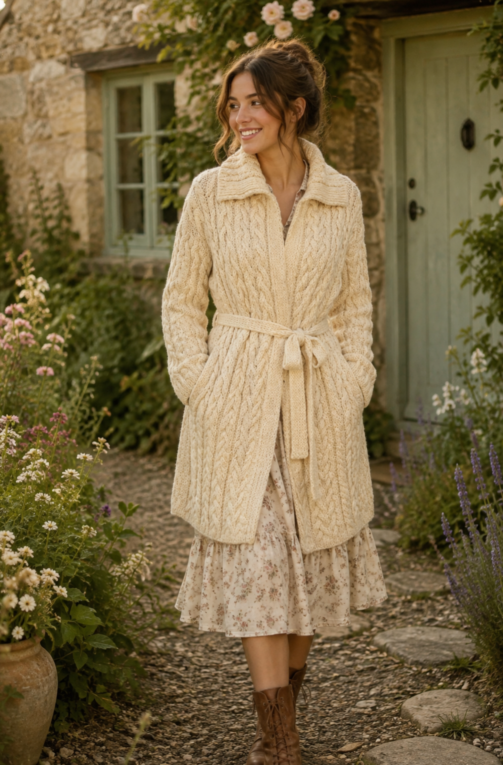 CARRAIG DONN CarraigDonn Irish Wool Cable Knit Long Cardigan Belted Cream Medium