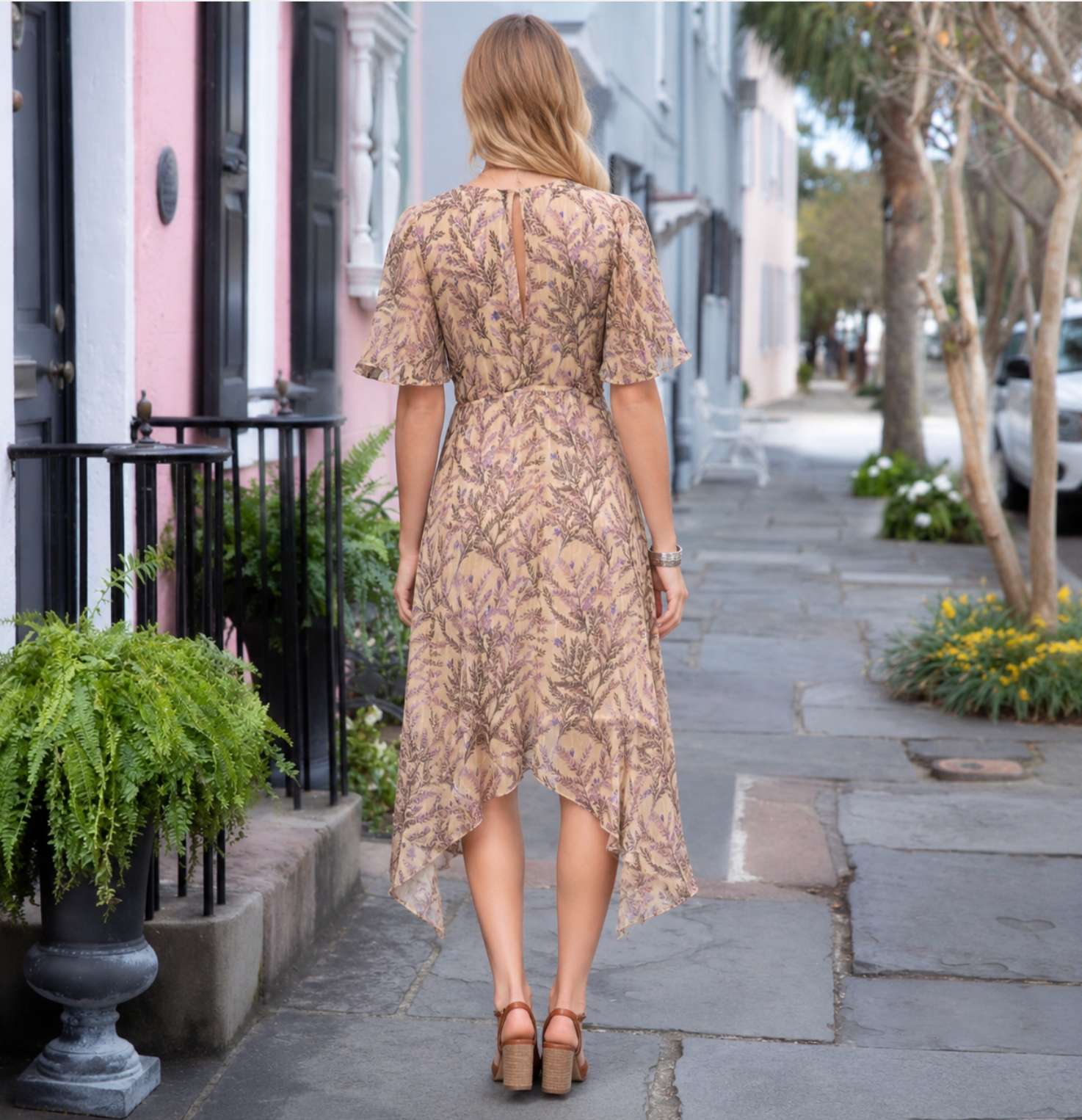 SUNDANCE Lilac Springs Floral Asymmetrical Ruffle Midi Dress Romantic Medium