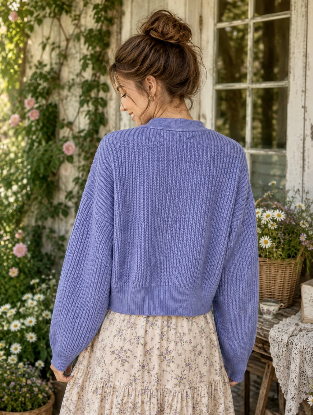 ZARA Cropped Shaker Knit Cardigan Sweater Blue Purple Button Front Medium