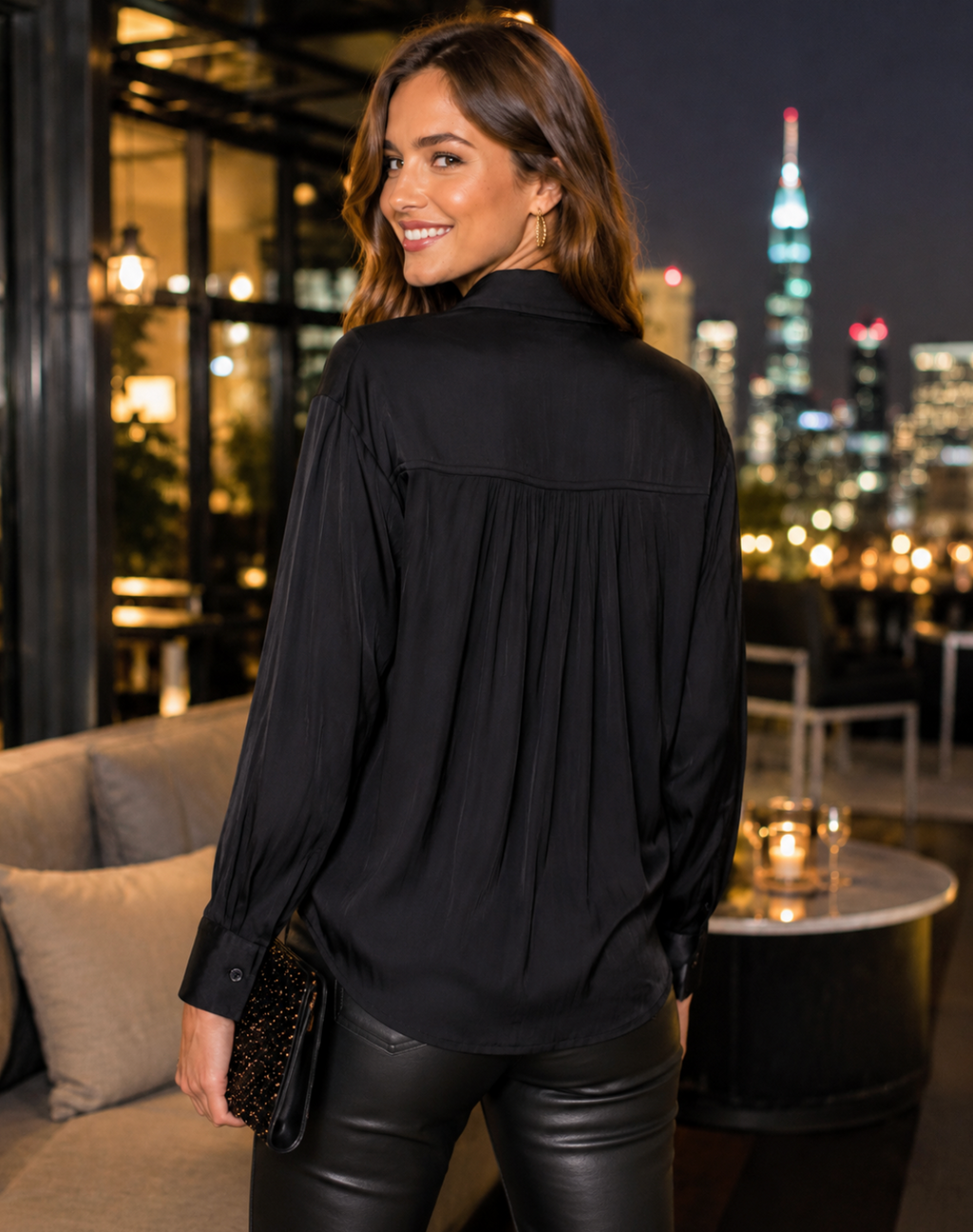 ANTHROPOLOGIE Black Satin Button Down Shirt Blouse Top Pockets Solid Small