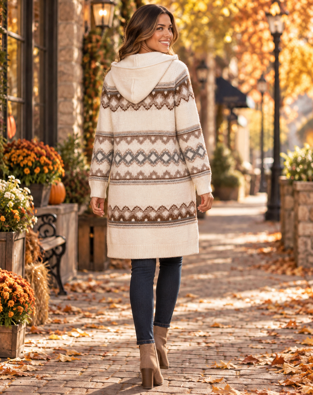 ABERCROMBIE & FITCH Fair Isle Hooded Long Cardigan Sweater Cream Fairisle XS