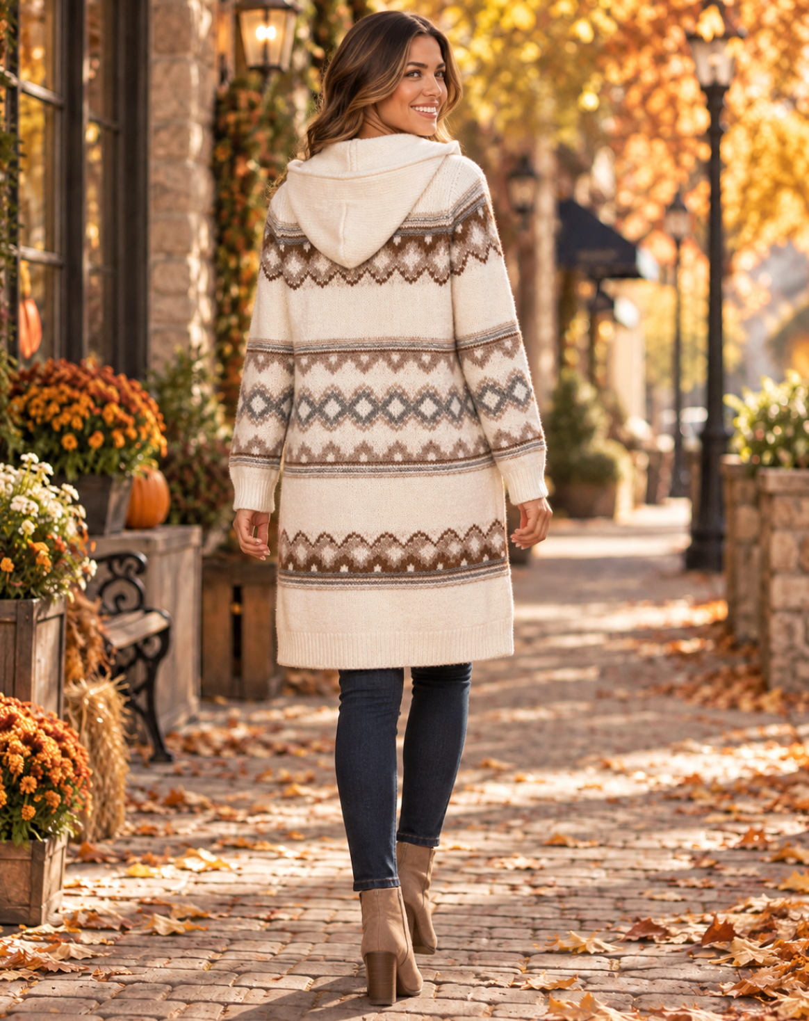 ABERCROMBIE & FITCH Fair Isle Hooded Long Cardigan Sweater Cream Fairisle XS