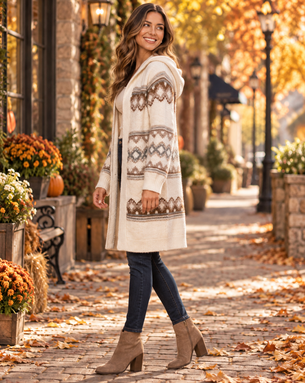 ABERCROMBIE & FITCH Fair Isle Hooded Long Cardigan Sweater Cream Fairisle XS