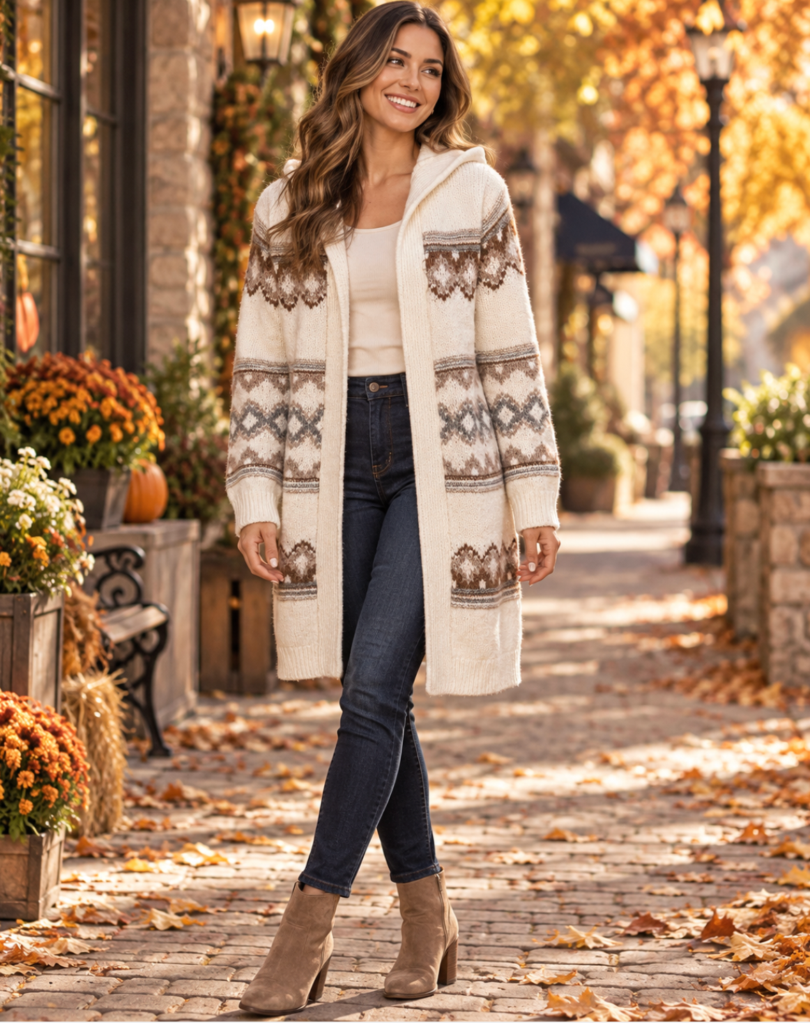 ABERCROMBIE & FITCH Fair Isle Hooded Long Cardigan Sweater Cream Fairisle XS
