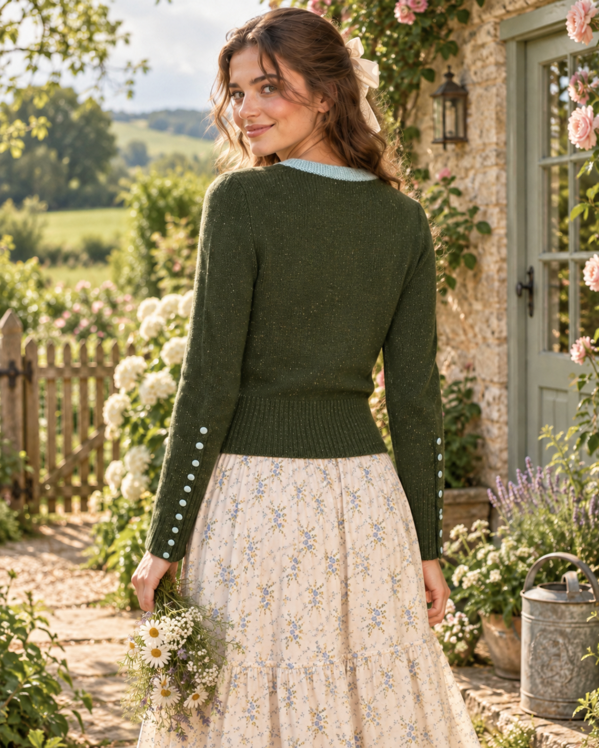 Anthropologie SLEEPING ON SNOW Green Cashmere Wool Button Sweater Knit Small