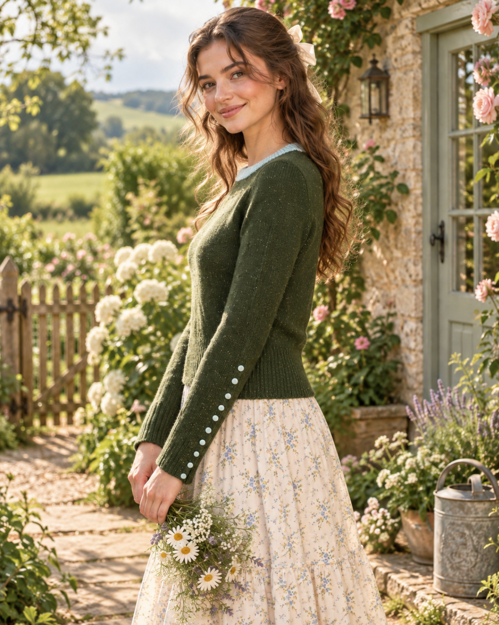 Anthropologie SLEEPING ON SNOW Green Cashmere Wool Button Sweater Knit Small