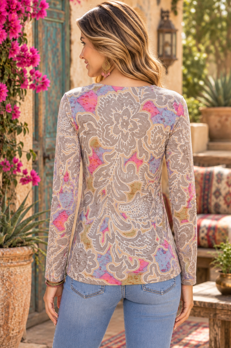Sundance WHIMSY ROSE Taupe Floral Thermal Top Boho Bohemian Small Made in USA
