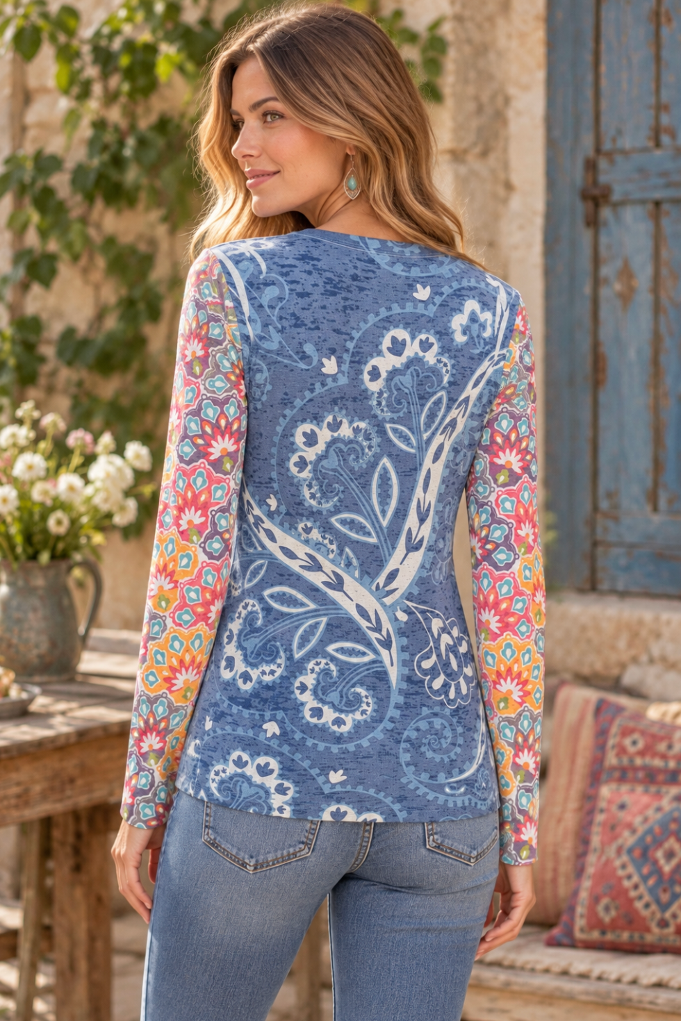 Sundance WHIMSY ROSE Blue Paisley Floral Baby Waffle Thermal Top Small USA