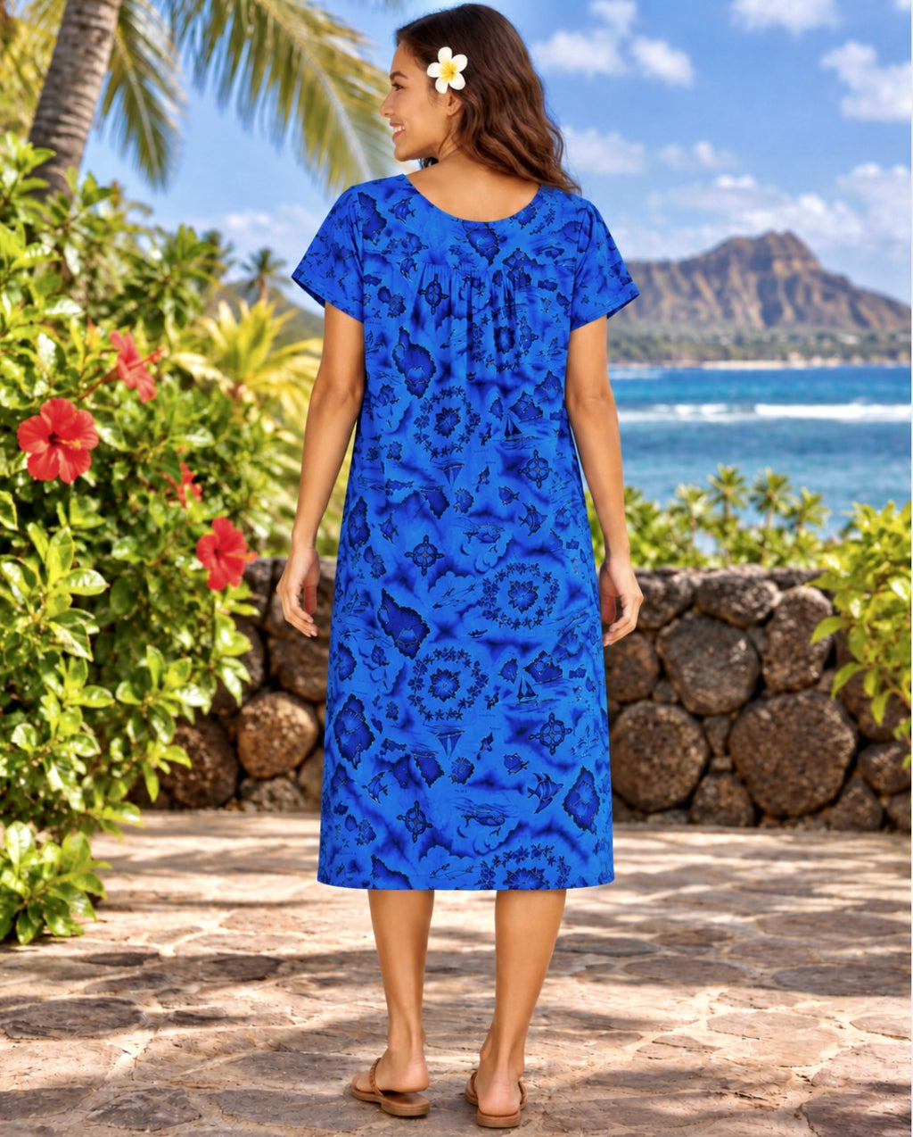 Vintage 1960s UI-MAIKAI Hawaiian Map Print Muumuu Dress Blue Cotton Size 12