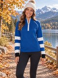 NEVE Quarter Zip Ski Sweater Blue White Striped Black Cuffs 100% Cotton X-Large